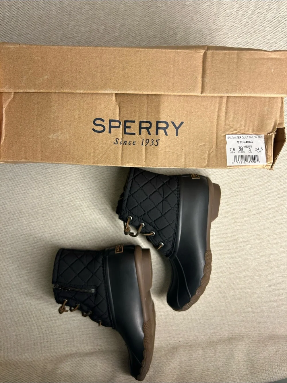 Sperry Olive Quilted Interior Boots with Multicolor Accents